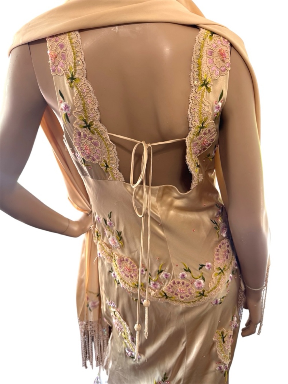 Old Hollywood romance vintage Sue Wong 90s champagne silk rose embroidered gown - Picture 4 of 5